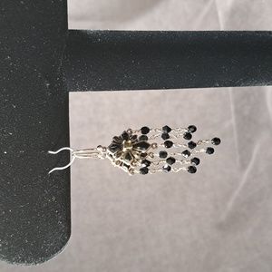 925 Silver Cross Fish Hook Thai Black Spinel + Onyx + Yellow Amber Earrings VG